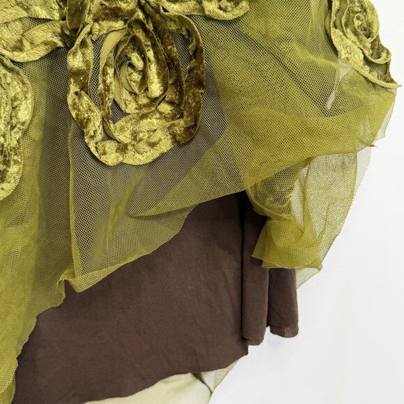 Arden B 3D Velvet Rosette Tulle Mesh Skirt M Olive Green & Brown Midi Y2K Goth - Picture 8 of 9
